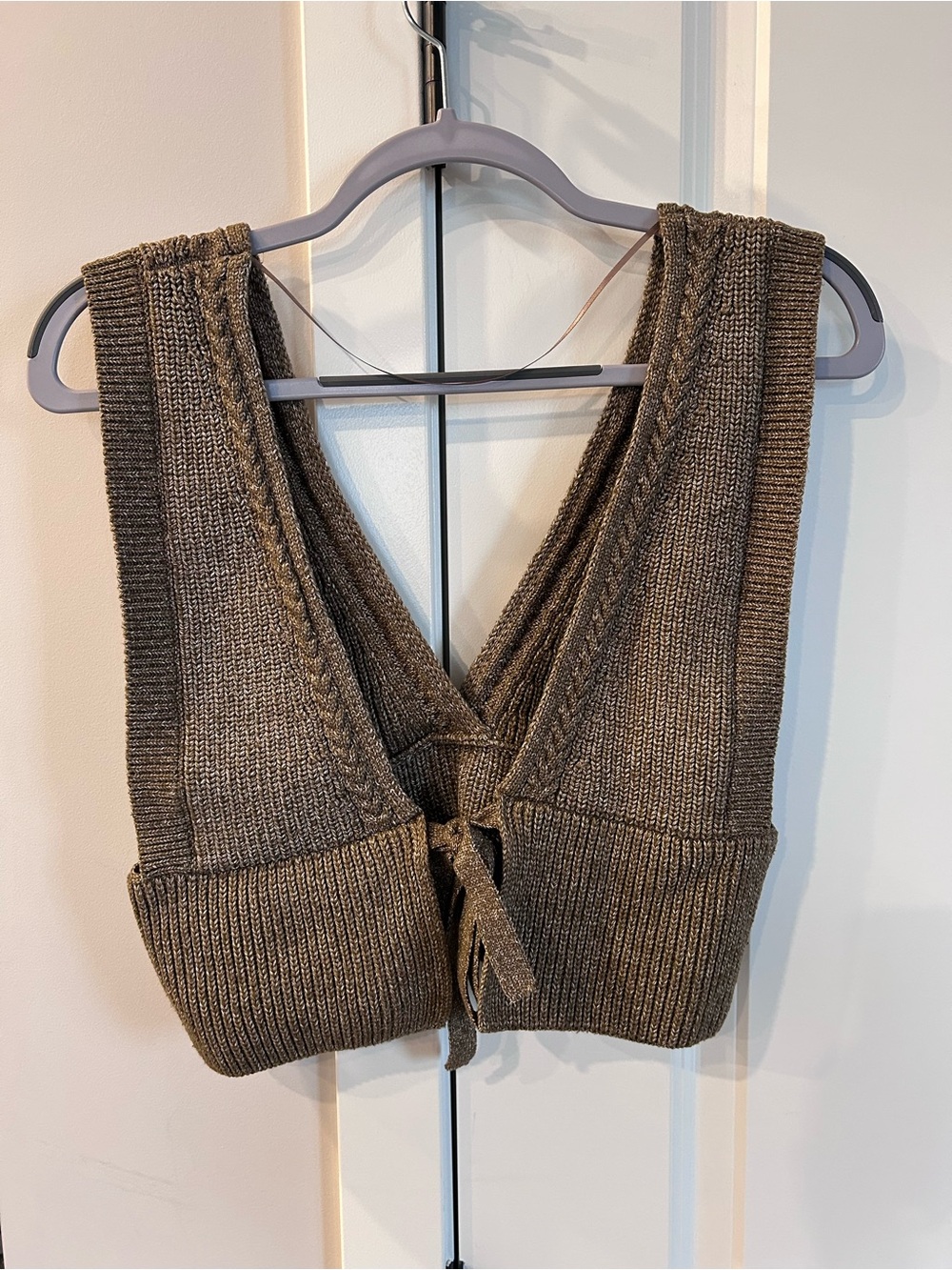 GU 2-Way Mélange Knit Bustier Tie Front Deep V Crop Top Beige Layering Piece